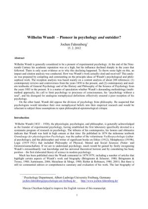 Wilhelm Wundt – Pioneer in Psychology and Outsider?