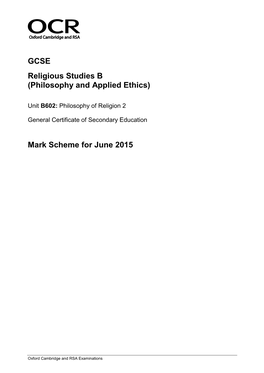 Mark Scheme B602 Philosophy of Religion 2 June