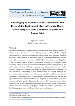 Growing up As a Girl in Late Socialist Poland: the Personal, the Political and Class in Feminist Quasi- Autobiographical Novels by Izabela Filipiak and Joanna Bator