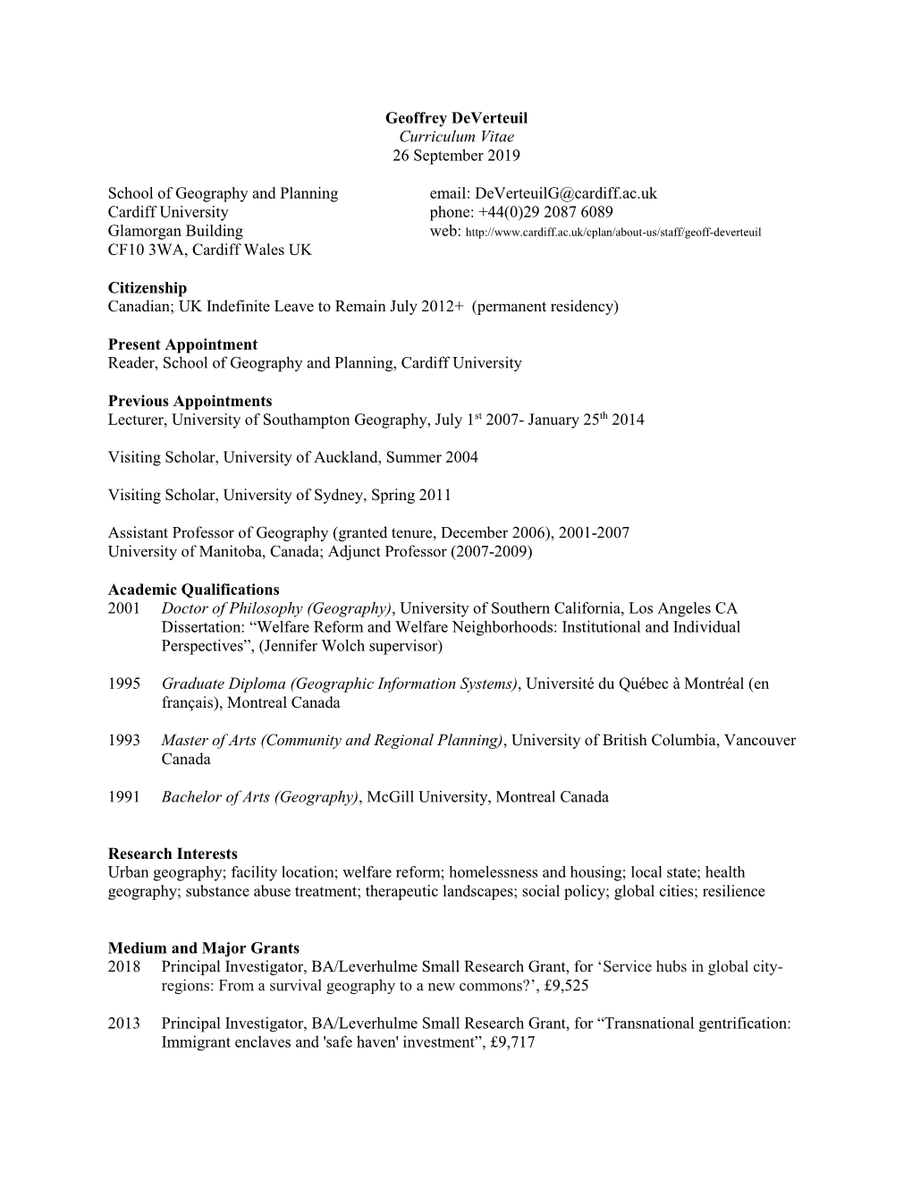 Geoffrey Deverteuil Curriculum Vitae 26 September 2019