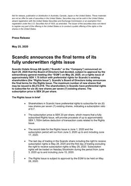 Scandic Announces the Final Terms of Its Fully Underwritten Rights Issue