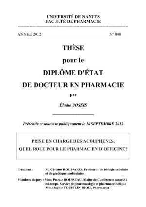 THÈSE Pour Le DIPLÔME D'état DE DOCTEUR EN PHARMACIE Par