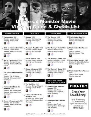 Universal Monster Movie Viewing Guide & Check List
