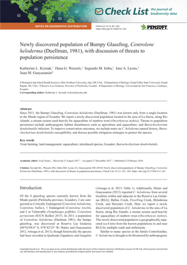 Newly Discovered Population of Bumpy Glassfrog, Centrolene Heloderma (Duellman, 1981), with Discussion of Threats to Population Persistence