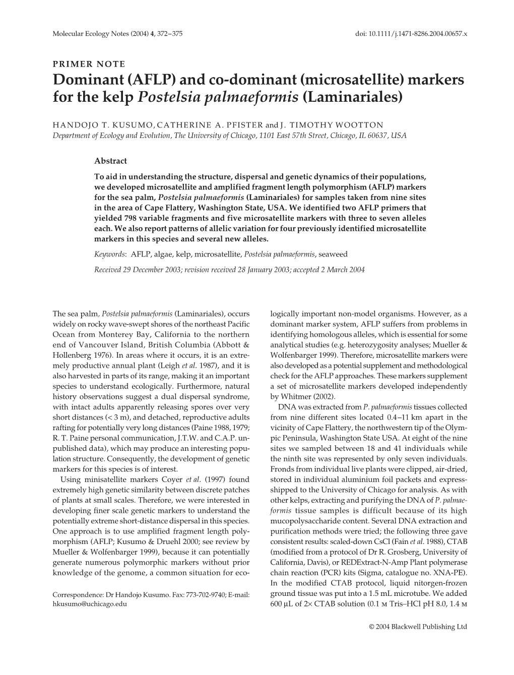 Microsatellite) Markers for the Kelp Postelsia Palmaeformis (Laminariales
