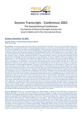 Session Transcripts - Conference 2001 the Second Annual Conference the Balance of National Strength and Security Israel in Battle and in the International Arena