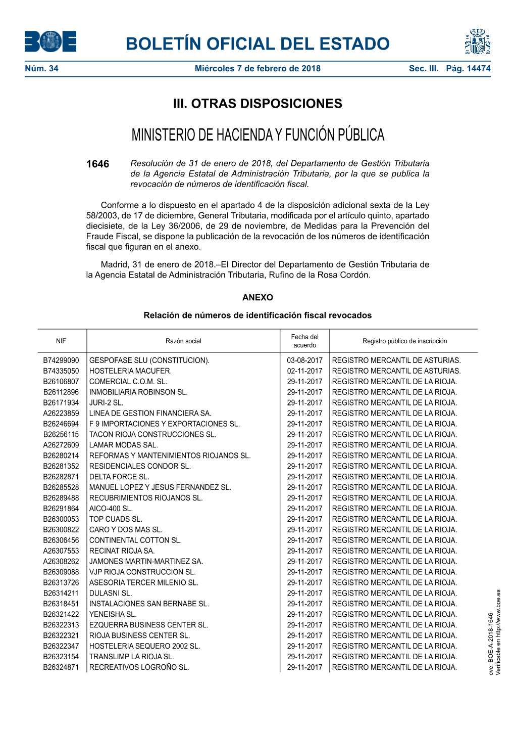 Disposición 1646 Del BOE Núm. 34 De 2018