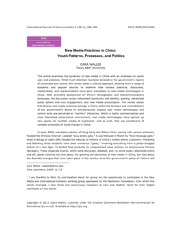 New Media Practices in China: Youth Patterns, Processes, and Politics