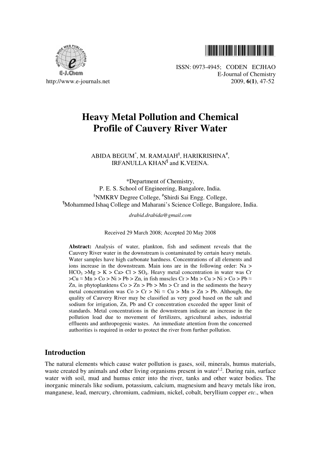 Heavy Metal Pollution and Chemical Profile of Cauvery River Water