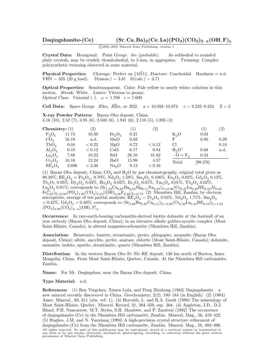 Daqingshanite-(Ce) (Sr, Ca, Ba)3(Ce, La)(PO4)(CO3)3−X(OH, F)X C 2001-2005 Mineral Data Publishing, Version 1