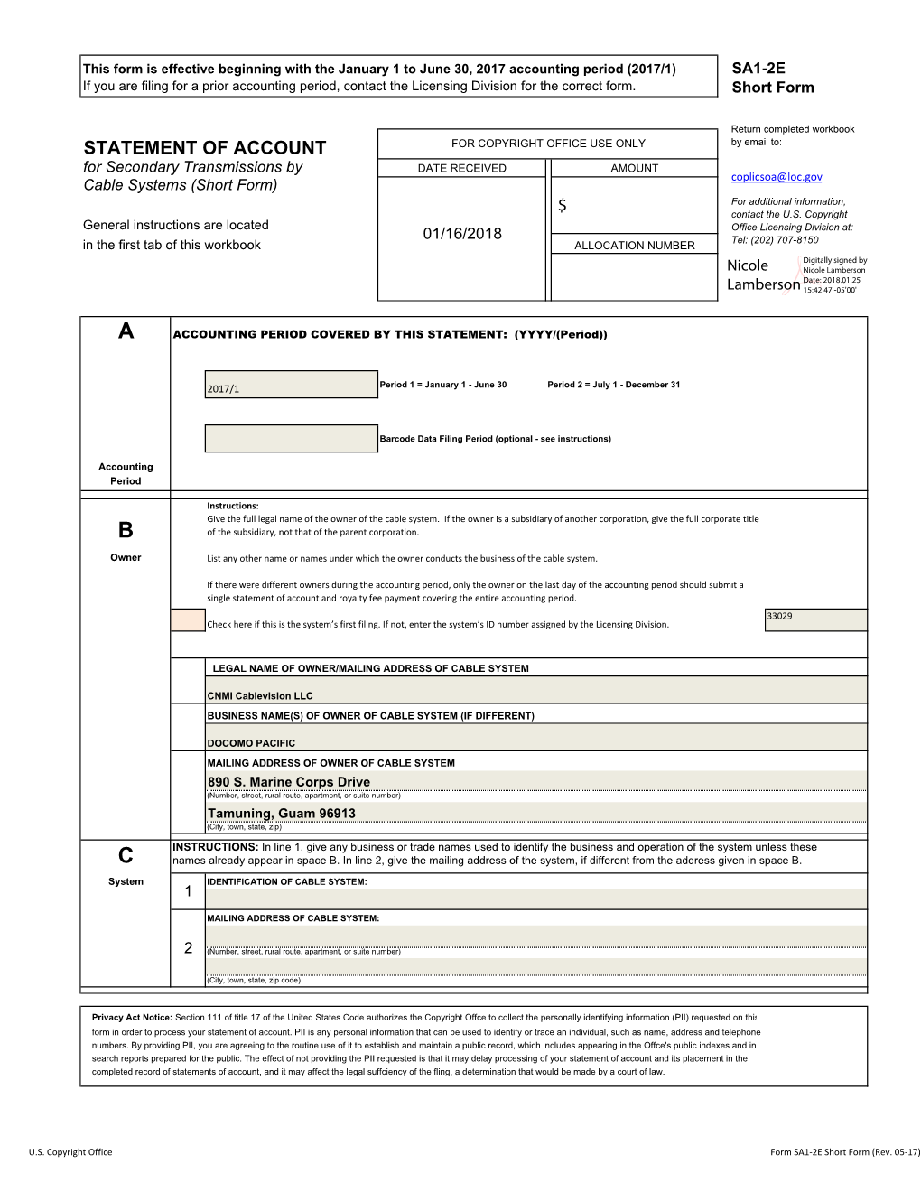 33029 Check Here If This Is the System’S First Filing