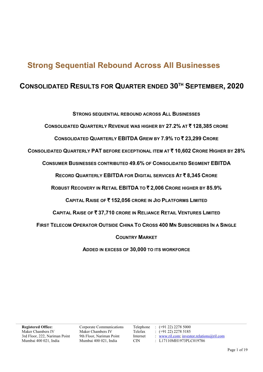 Strong Sequential Rebound Across All Businesses