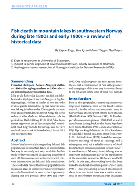 Fish Death in Mountain Lakes in Southwestern Norway During Late 1800S and Early 1900S – a Review of Historical Data