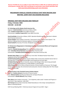 Preliminary Parallel Session Schedule Shot New Orleans 2020 Meeting (Joint Shot-Hss Sessions Included)
