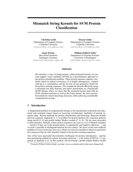 Mismatch String Kernels for SVM Protein Classification
