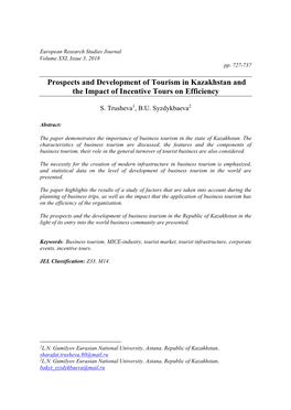 Prospects and Development of Tourism in Kazakhstan and the Impact of Incentive Tours on Efficiency