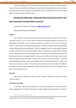 Editing the Royal Society Journals in the Late Nineteenth and Twentieth Centuries1