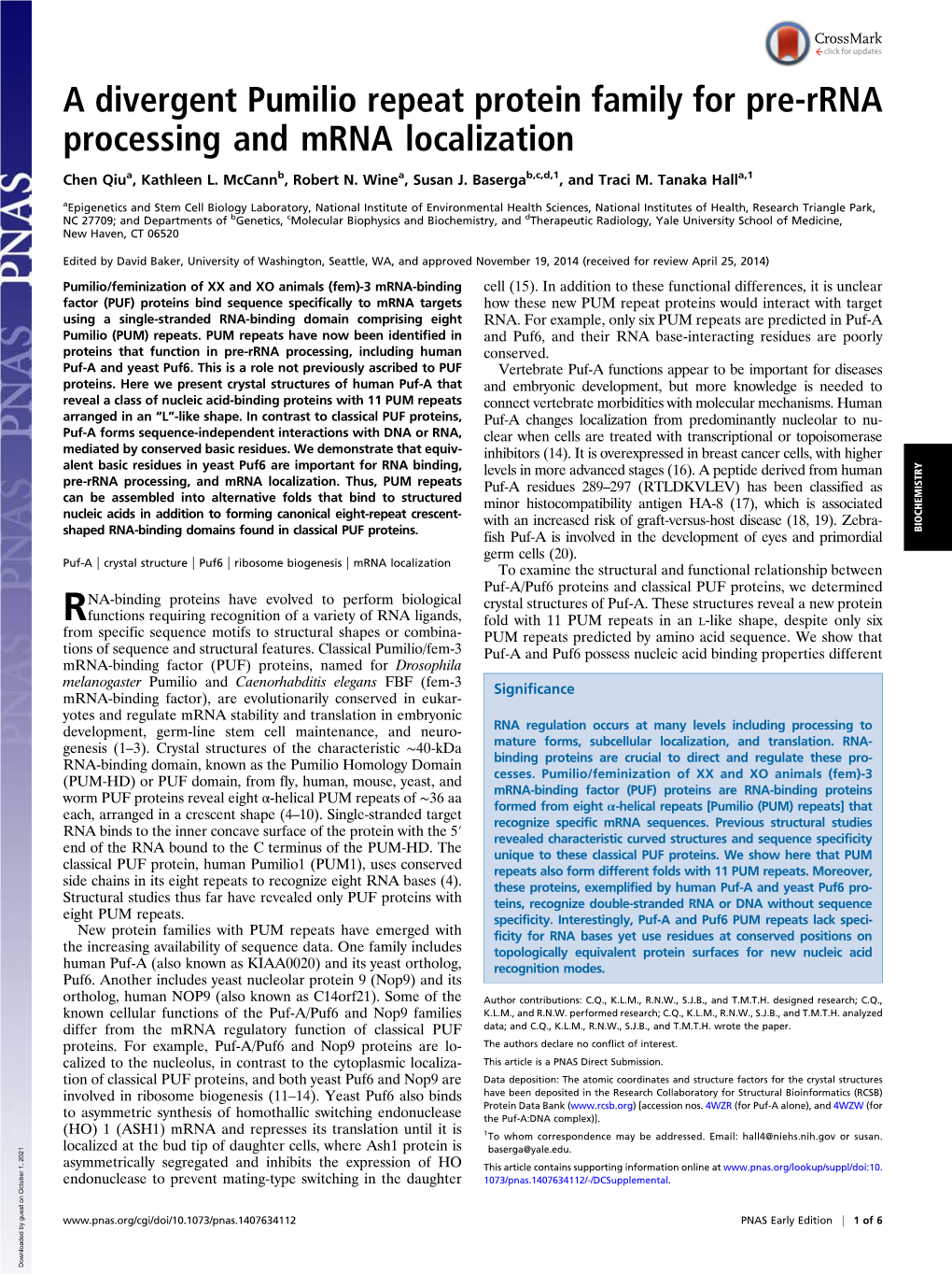 A Divergent Pumilio Repeat Protein Family for Pre-Rrna Processing and Mrna Localization