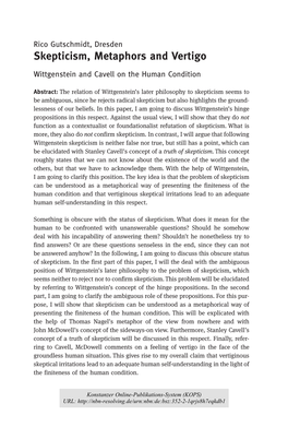 Skepticism, Metaphors and Vertigo : Wittgenstein and Cavell on The