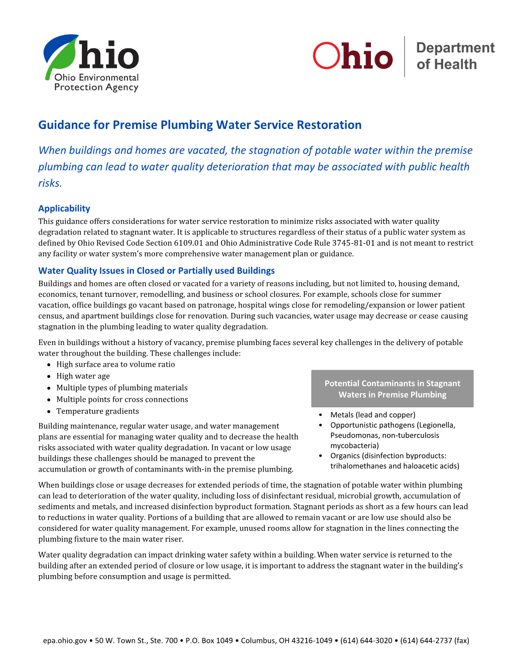 Guidance for Premise Plumbing Water Service Restoration