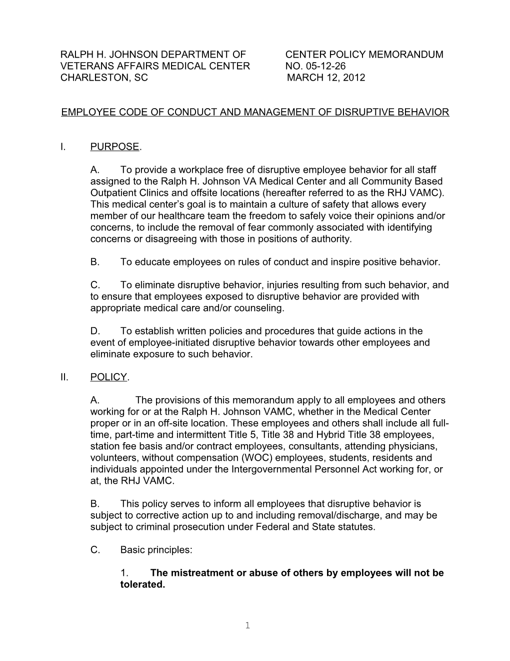 Ralph H. Johnson Department of Center Policy Memorandum