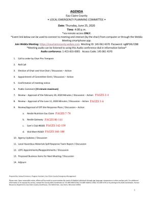 AGENDA Eau Claire County • LOCAL EMERGENCY PLANNING COMMITTEE • Date: Thursday, June 25, 2020 Time: 4:00 P.M