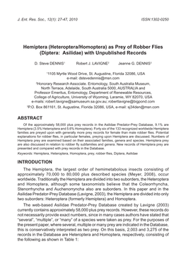Hemiptera (Heteroptera/Homoptera) As Prey of Robber Flies (Diptera: Asilidae) with Unpublished Records