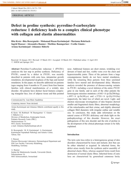 Defect in Proline Synthesis: Pyrroline-5-Carboxylate Reductase 1 Deficiency Leads to a Complex Clinical Phenotype with Collagen and Elastin Abnormalities
