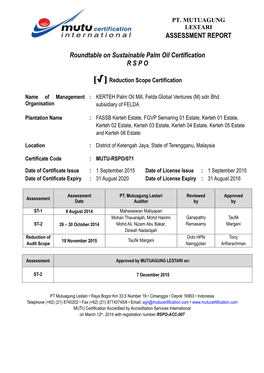 ASSESSMENT REPORT Roundtable on Sustainable Palm Oil Certification R S