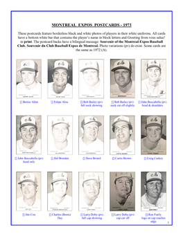 Montreal Expos Postcards - 1973