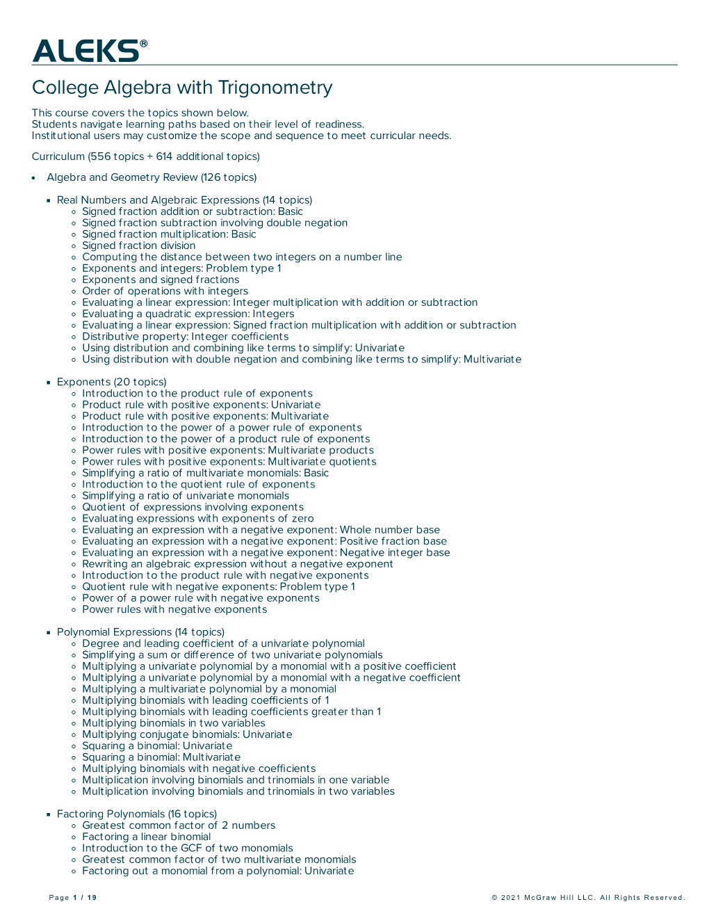 College Algebra with Trigonometry This Course Covers the Topics Shown Below