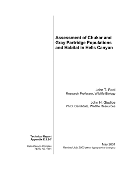 (E3.2-7) Assessment of Chukar and Gray Partridge Populations And