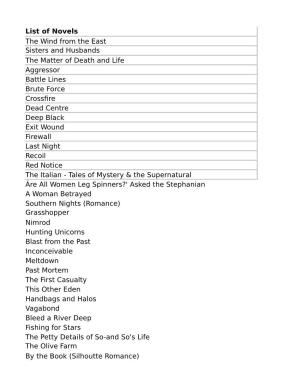 List of Novels the Wind from the East Sisters and Husbands the Matter Of