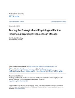 Testing the Ecological and Physiological Factors Influencing Reproductive Success in Mosses