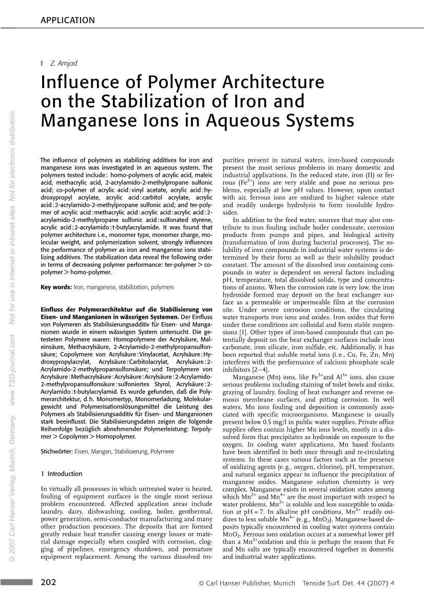 Influence of Polymer Architecture on the Stabilization of Iron and Manganese Ions in Aqueous Systems