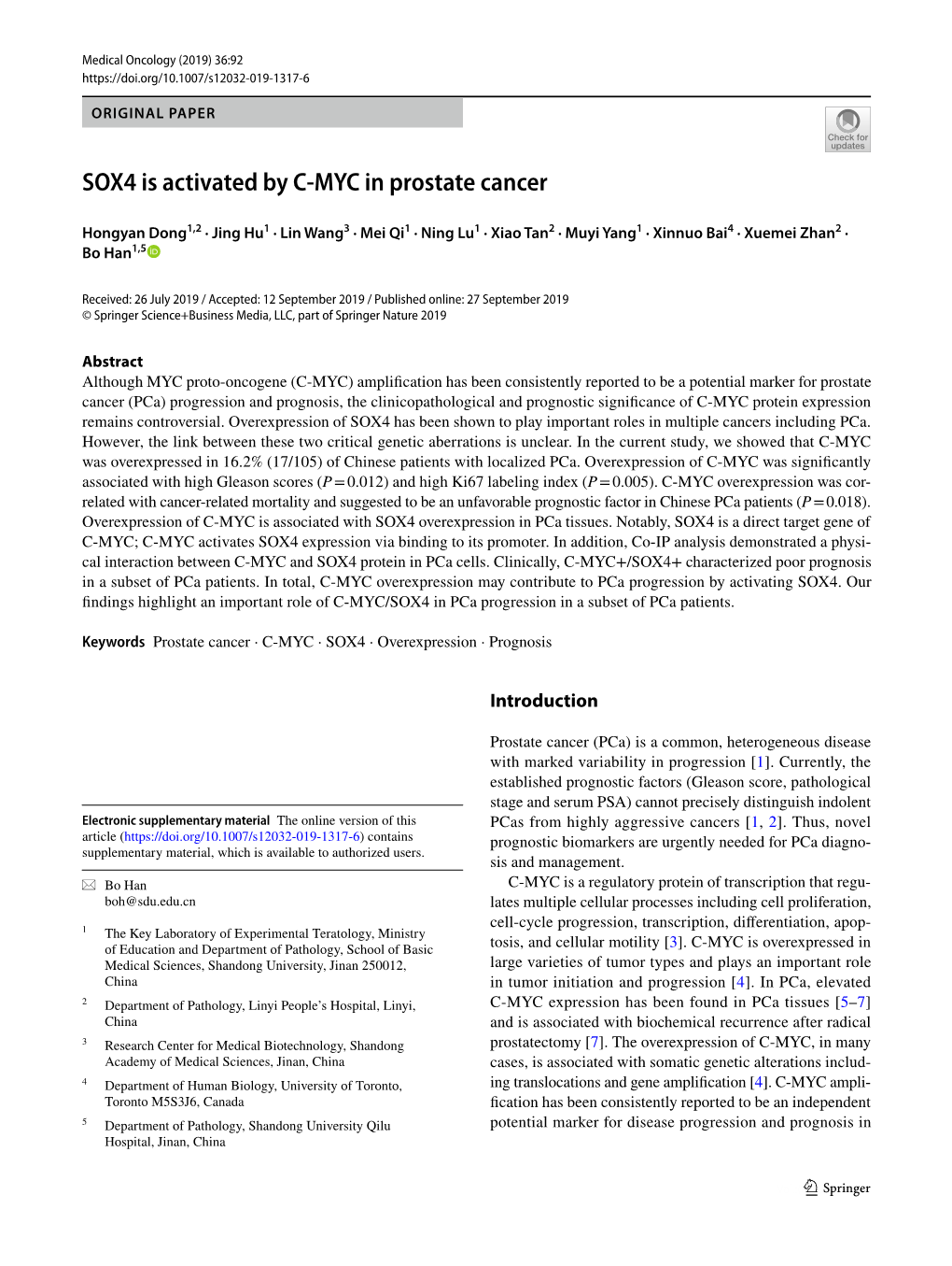 SOX4 Is Activated by C-MYC in Prostate Cancer