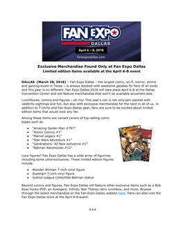 Exclusive Merchandise Found Only at Fan Expo Dallas Limited Edition Items Available at the April 6-8 Event