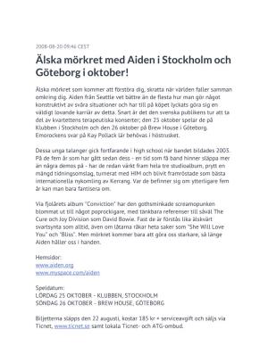 Älska Mörkret Med Aiden I Stockholm Och Göteborg I Oktober!