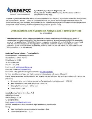 Cyanobacteria and Cyanotoxin Analysis and Testing Services [As of 3/15/2016]