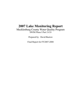 2007 Lake Monitoring Report Mecklenburg County Water Quality Program SWIM Phase I Part 2-CO