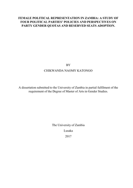 Female Political Representation in Zambia: a Study of Four Political Parties’ Policies and Perspectives on Party Gender Quotas and Reserved Seats Adoption