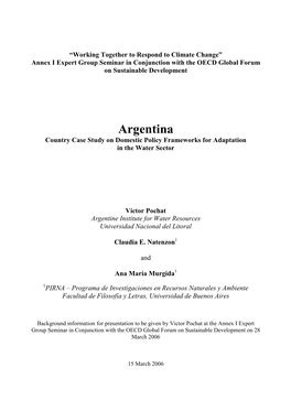 Argentina Country Case Study on Domestic Policy Frameworks for Adaptation in the Water Sector