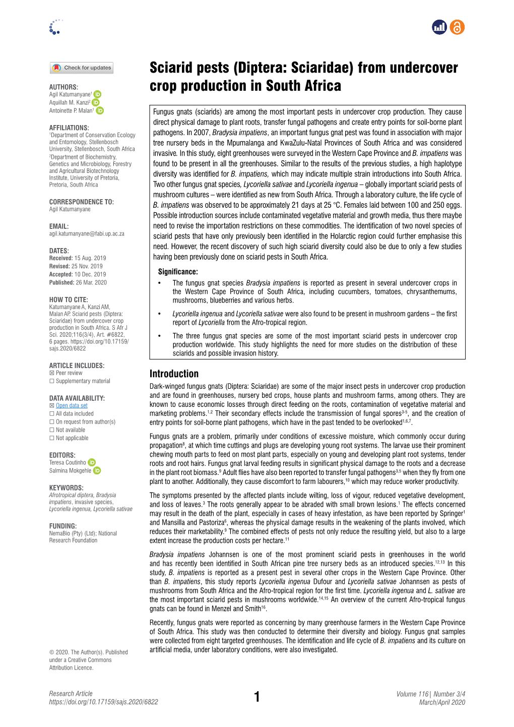 Sciarid Pests (Diptera: Sciaridae) from Undercover Crop Production in South Africa