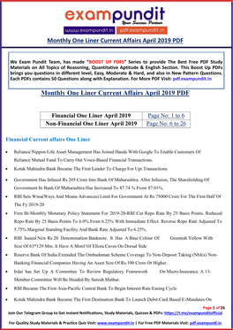 Monthly One Liner Current Affairs April 2019 PDF
