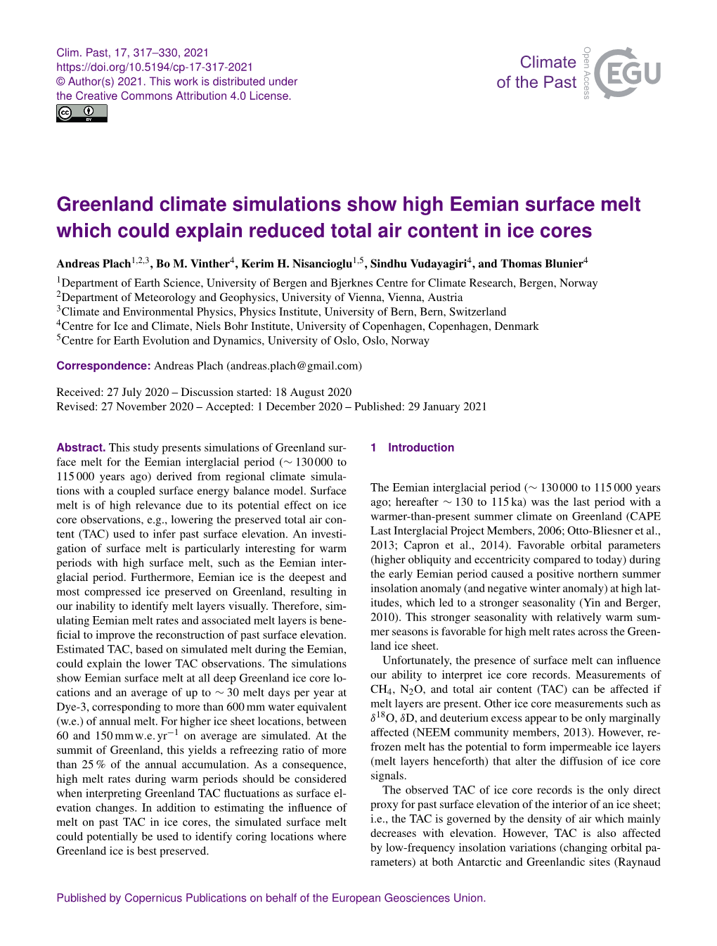 Greenland Climate Simulations Show High Eemian Surface Melt Which Could Explain Reduced Total Air Content in Ice Cores