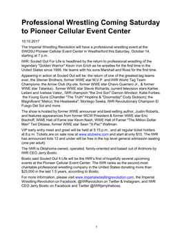 Professional Wrestling Coming Saturday to Pioneer Cellular Event Center