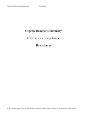 Organic Reactions Summary for Use As a Study Guide Beauchamp
