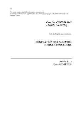 Case No COMP/M.4942 - NOKIA / NAVTEQ