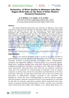 Evaluation of Water Quality in Bhiwapur Lake,Dist. Nagpur (M.S) India on the Basis of Some Physico- Chemical Parameters