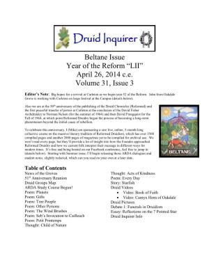 Beltane Issue Year of the Reform “LII” April 26, 2014 C.E